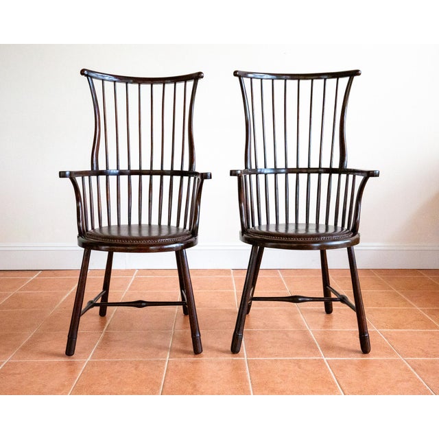 Antique Arts and Crafts Beech and Leather Liberty Windsor Chairs, 1900s, Set of 2 For Sale - Image 11 of 18