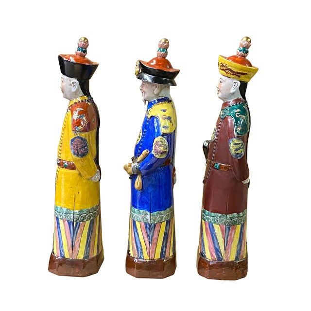 Figurative Chinese Color 3 Standing Ching Qing Emperor Kings Figure Set For Sale - Image 3 of 6
