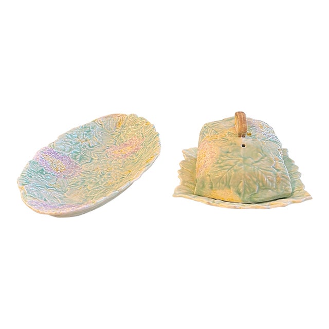 Vintage 1930's English Majolica Platter and Covered Cheese or Butter Dish – Avon Ware – 2 Pieces For Sale