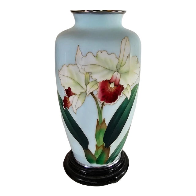 Japanese Ando Cloisonné Iris Vase on Silver Body, Dated Showa 1961, With Stand, 8.75" For Sale