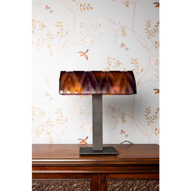Stunning Daum Crystal table lamp in rich purple and orange tones, showcasing luminous color play. The piece is in very...