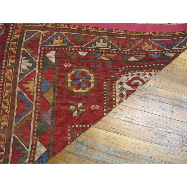 Textile 1930s Ruby Red Abstract Tribal Antique Caucasian Kazak Rug 4'4" X 5'3" Knotted Wool Carpet For Sale - Image 7 of 9