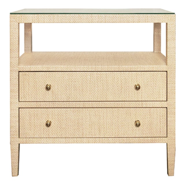 Matthew Izzo Home Douglas Natural Grass Cloth Two Drawer Side Table With One Open Shelf, Glass Top and Polished Brass Knobs For Sale