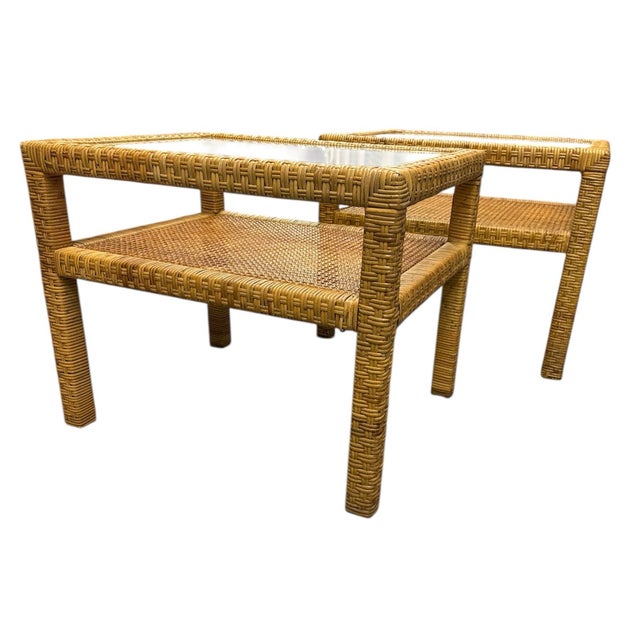 Pair Rattan & Caning Side Tables With Shelf For Sale - Image 4 of 7