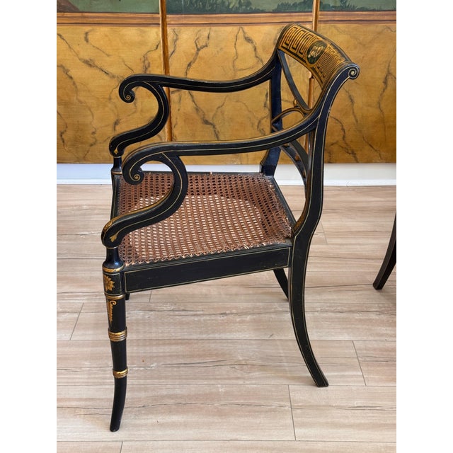 Set of Four English Regency Black Lacquer Dining Chairs With Gilt Decoration For Sale - Image 11 of 16