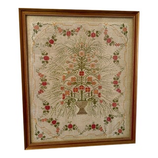 Vintage Traditional Floral Needlepoint With Urn Motif in Decorative Wood Frame For Sale