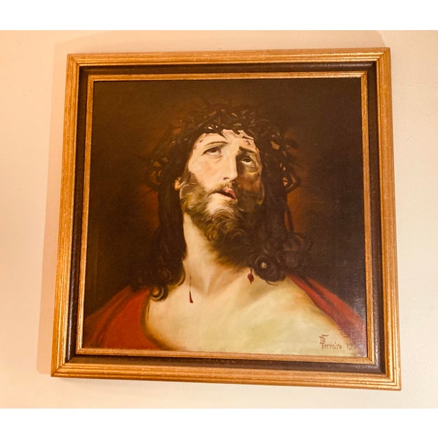 Antique Oil Portrait of Jesus Christ With Crown of Thorns Shoulder Draped With Scarlet Robe Painted in 1922 D Ferreiro For Sale - Image 4 of 11
