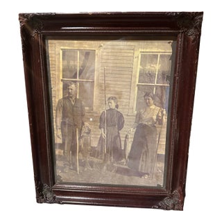 Vintage Black and White Print of Family in Wooden Frame For Sale