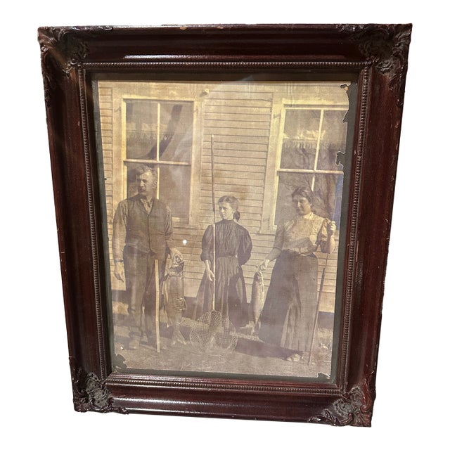 Vintage Black and White Print of Family in Wooden Frame For Sale