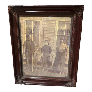 Vintage Black and White Print of Family in Wooden Frame