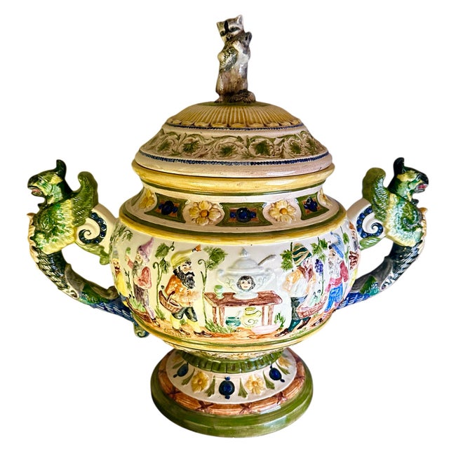 1960s Vintage Majolica Style Covered Tureen With Gnomes and Wing Gryphon Handles For Sale - Image 5 of 12