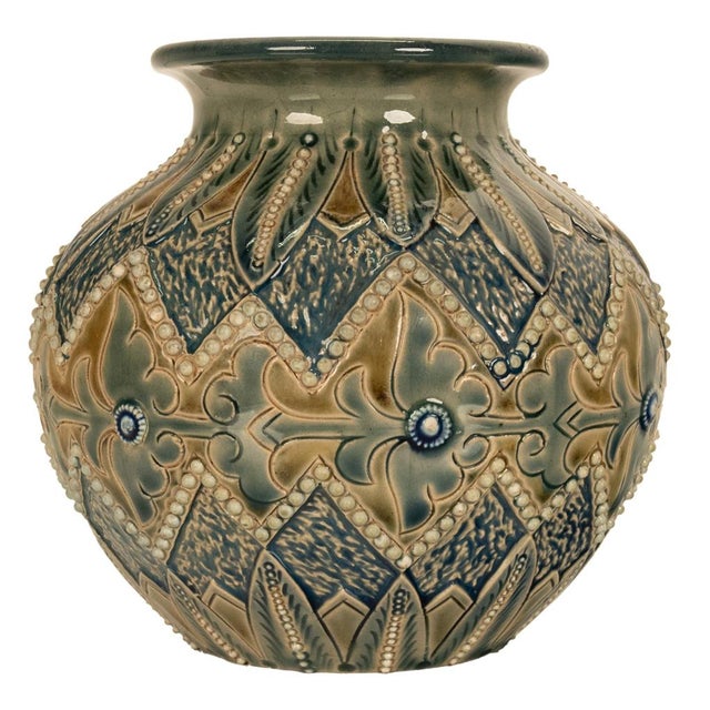 Antique Aesthetic Movement Doulton Lambeth Stoneware Vase Elizabeth Atkins 1883 For Sale In Portland, OR - Image 6 of 13