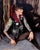 This oil painting presents a figure adorned with tattoos and punk attire, seated against a textured backdrop that enhances...