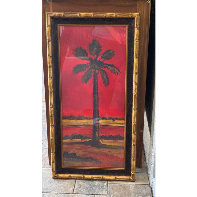 Wood Vintage Pair of Large Tropical Palm Tree Prints in Faux Bamboo Gold Frames For Sale - Image 7 of 16