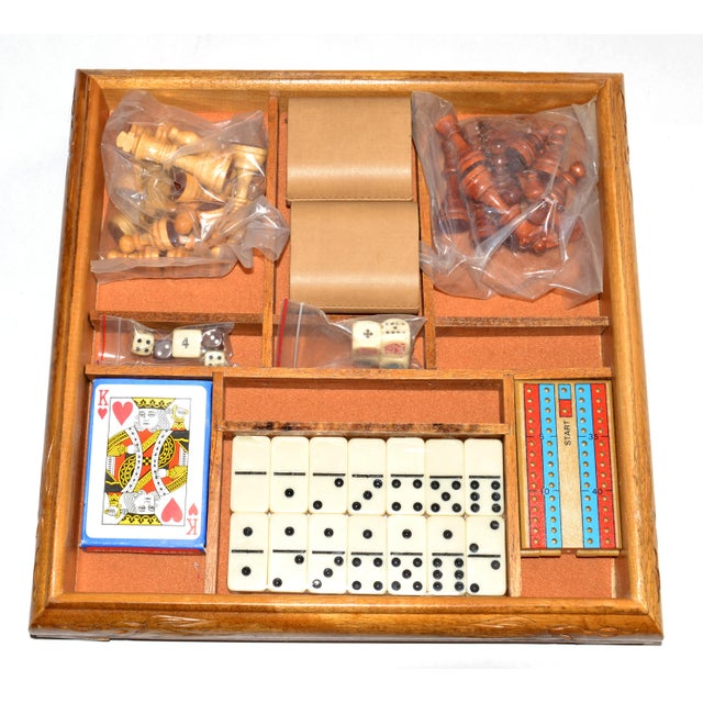 1970s Italian Vintage Carved Wood Backgammon Chess Set Toys Collectables Box Board Never Used For Sale - Image 5 of 17