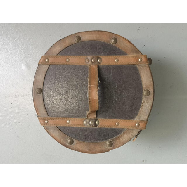Vintage French Brown Hat Box Round Bandbox Ladies' Hat Storage Dressing organization Wood, brass, leather, metal....