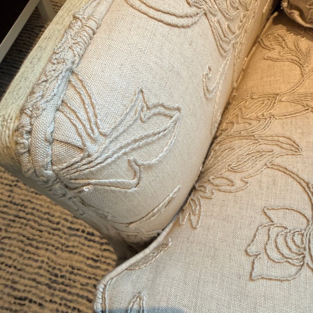 Linen Tall Embroidered Wingback With Footstool For Sale - Image 8 of 13