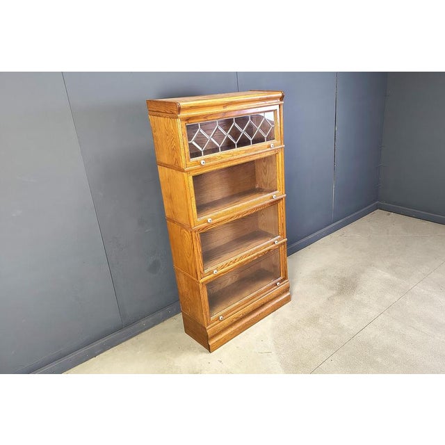 White Oak Four Tier Barrister Bookcase with Leaded Glass, 1920 For Sale - Image 8 of 11