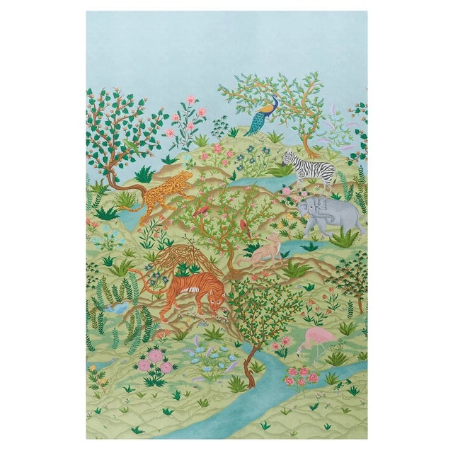 A fantastical landscape animated by exotic flora and fauna, this scenic verdant-colored wallpaper design was inspired by...