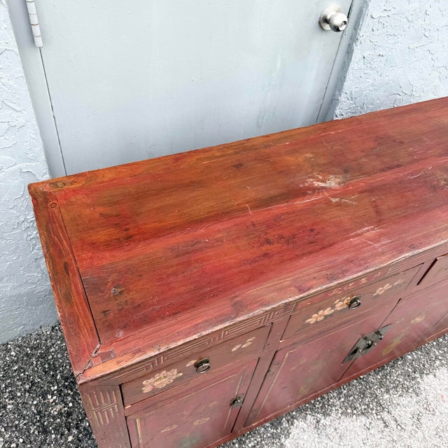Chinese Chinese Red Hand Painted Credenza/Wedding Cabinet For Sale - Image 3 of 11