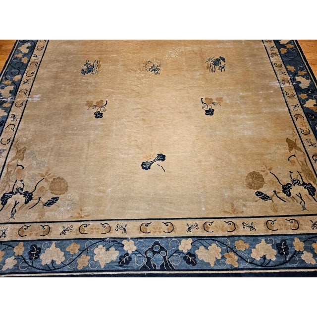 19th Century Antique Chinese Peking Rug, Handwoven Open Pattern, Tan & Blue, 12' X 14' For Sale - Image 10 of 17