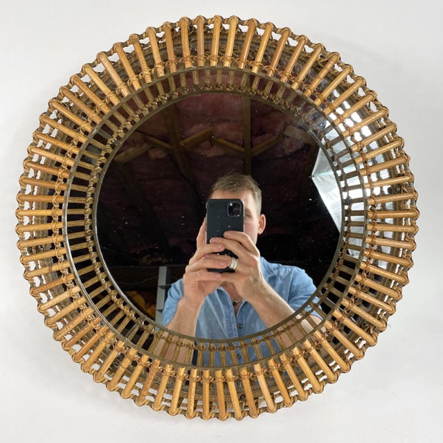 Wood Vintage Round Rattan Mirror by Matt Carr for Umbra For Sale - Image 7 of 7