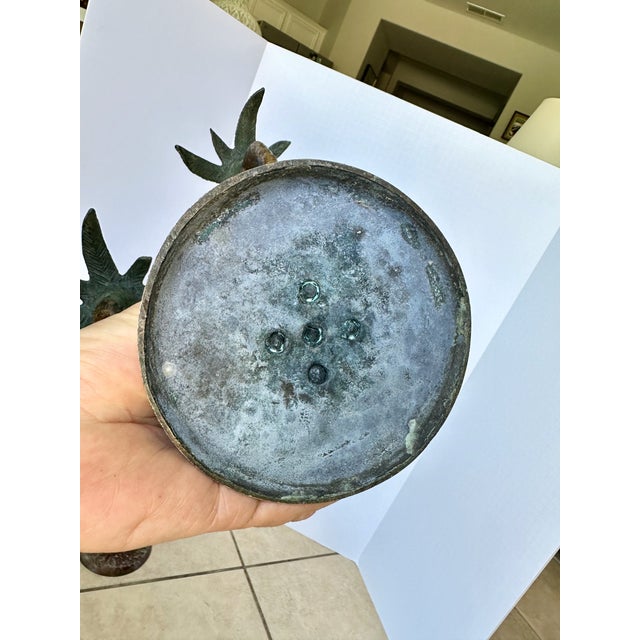 Pair Patinated Tole Metal Palm Tree 5 Arm Candlestick Holders For Sale - Image 14 of 15