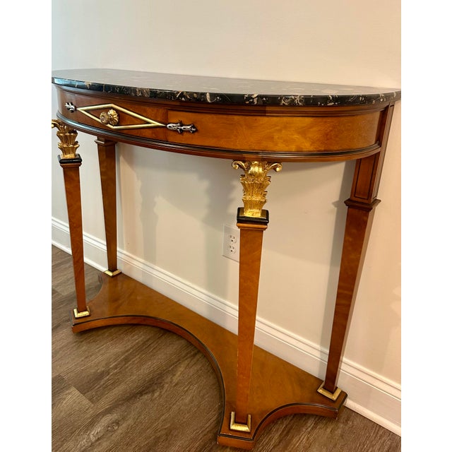 Traditional Late 20th Century Empire Revival Giltwood & Burlwood Demilune Console Table With Black Marble Top For Sale - Image 3 of 11
