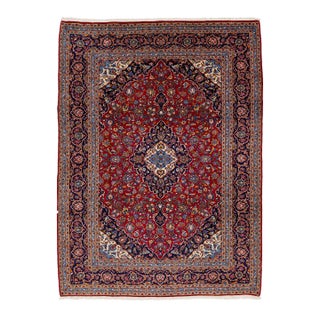 Rosette Designed Persian Kashan Wool Rug in Red From the 1950s For Sale