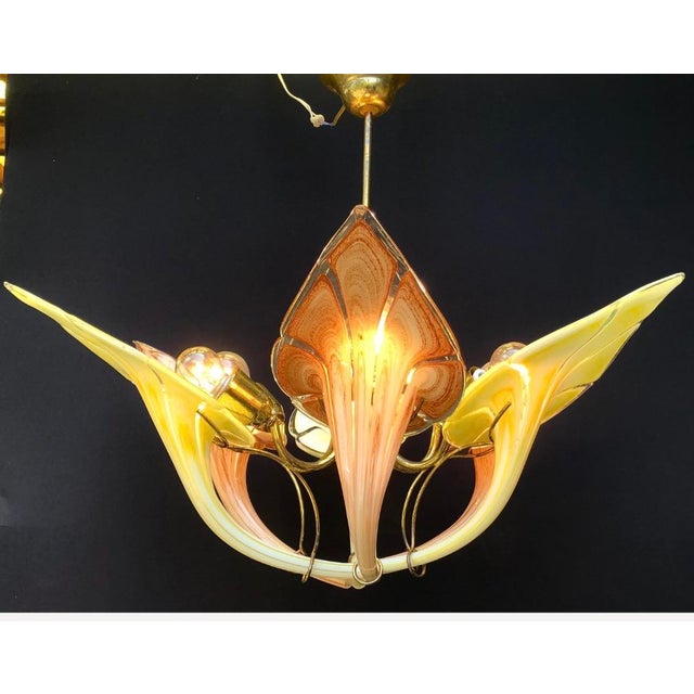 Italian Mid 20th Century Italian Murano Style Art Glass Leaf Chandelier in Amber and Brown – 6 Light For Sale - Image 3 of 9