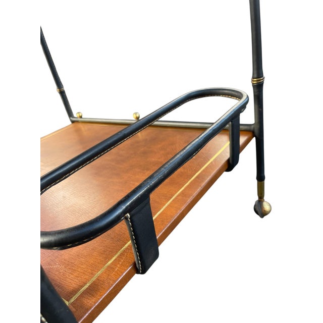 Black Vintage Stitched Leather Bar Cart by Jacques Adnet, 1950s For Sale - Image 8 of 13