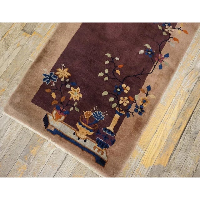 1920s Splendid Plum Ground Flower Design Antique Chinese Art Deco Knotted Rug For Sale - Image 11 of 13