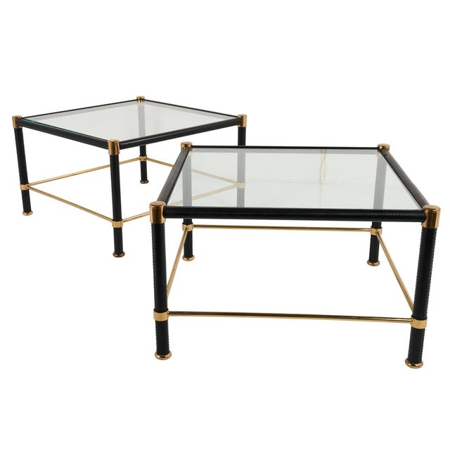 Mid 20th Century Mid 20th Century Schumacher French Leather & Brass Side Tables with Glass Tops - A Pair For Sale - Image 5 of 5