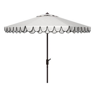 Elegant Valance 9Ft Round Umbrella, Ivory With Navy Trim/Brown Pole For Sale