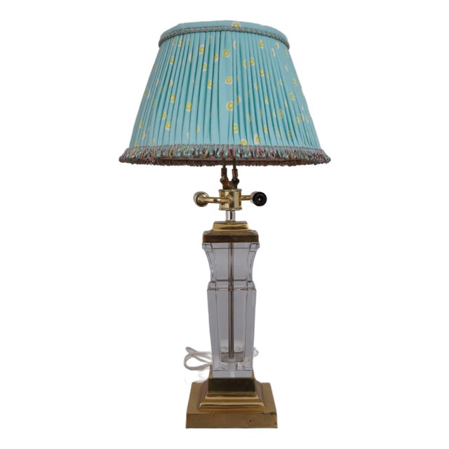 1990s Quality Crystal & Brass Table Lamp W. Shade For Sale