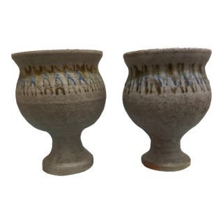 Vintage Mid-Century Studio Art Pottery Goblets – Set of 2 Hand-Thrown Speckled Stoneware Chalices For Sale