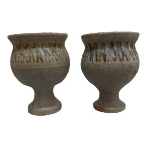Vintage Mid-Century Studio Art Pottery Goblets – Set of 2 Hand-Thrown Speckled Stoneware Chalices