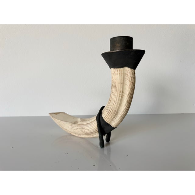 Vintage Faux Tusk Resin Candle Holder With Metal Accents For Sale - Image 4 of 11