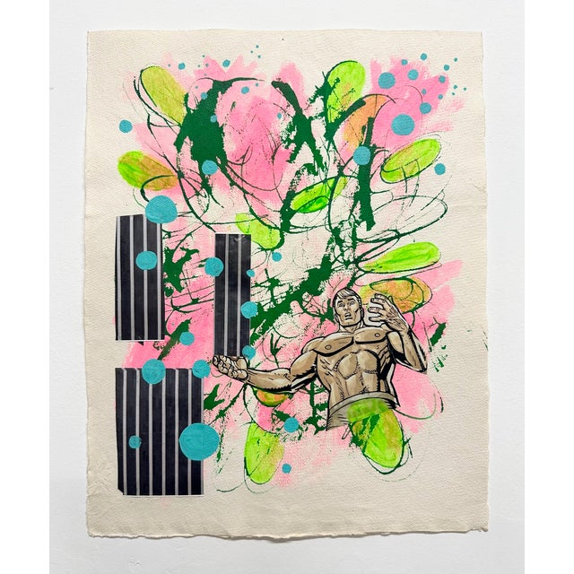 A colorful work on paper from mid career artist Ben Junta Acrylic, Collage, Ink on Paper 14.74" x 12"