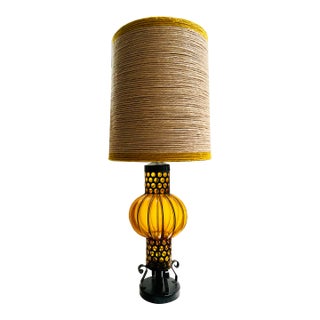 1960s Mid-Century Amber Murano Caged Glass Lamp Attributed to Seguso For Sale