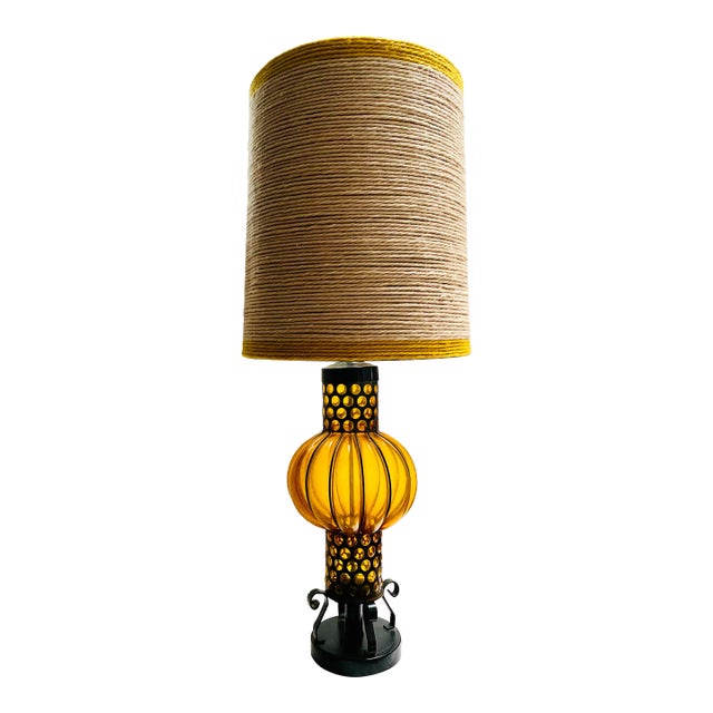 1960s Mid-Century Amber Murano Caged Glass Lamp Attributed to Seguso For Sale