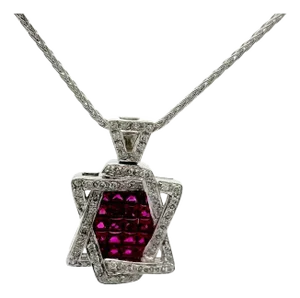 Ruby Diamond Star of David 18k White Gold Pendant