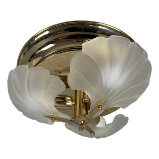 Vintage Ceiling Lamp in Polished Brass Leaves and Satin Glass, 1970s For Sale