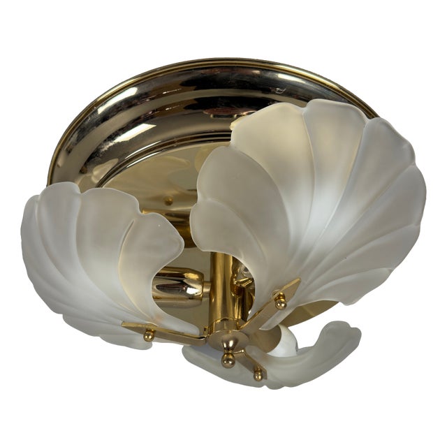 Vintage Ceiling Lamp in Polished Brass Leaves and Satin Glass, 1970s For Sale