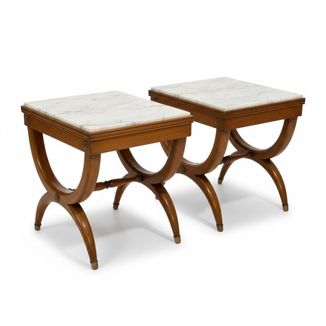 Neoclassical Mid-Century Neo-Classical Klismos Style Walnut & Marble Side Tables or Stools - Pair For Sale - Image 3 of 7