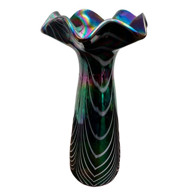 Iridescent Blown Glass Vase with Filigree Decoration, Italy, 1970s For Sale