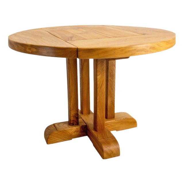 Large French Round Elm Dining Table from Charlotte Perriand For Sale