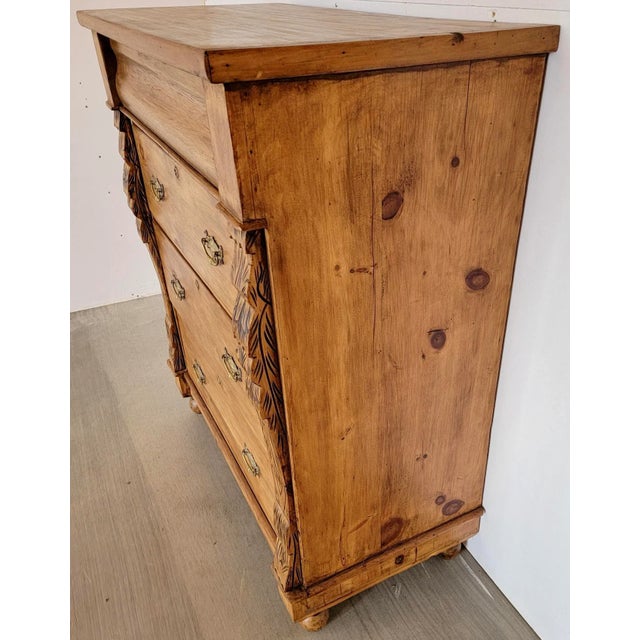 Antique Scottish Pine 4 Drawer Chest of Drawers With Ornate Frame Moulding and Brass Handles From England - Circa 1880 For Sale - Image 4 of 13
