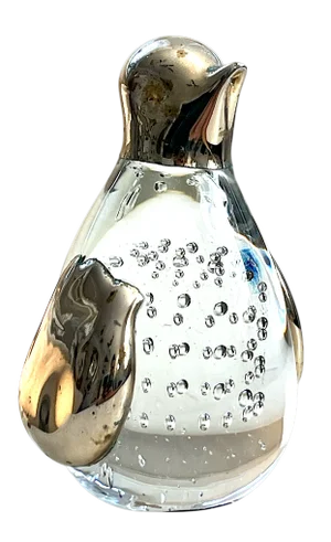 1960s Penguin Murano Style Bubble Glass and Silver Chrome Paperweight