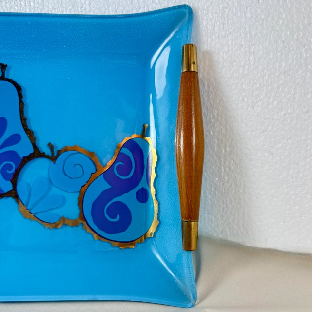 Georges Briard Peacock Blue Pageant Fruit Glass Tray & Dip Bowl For Sale - Image 11 of 15